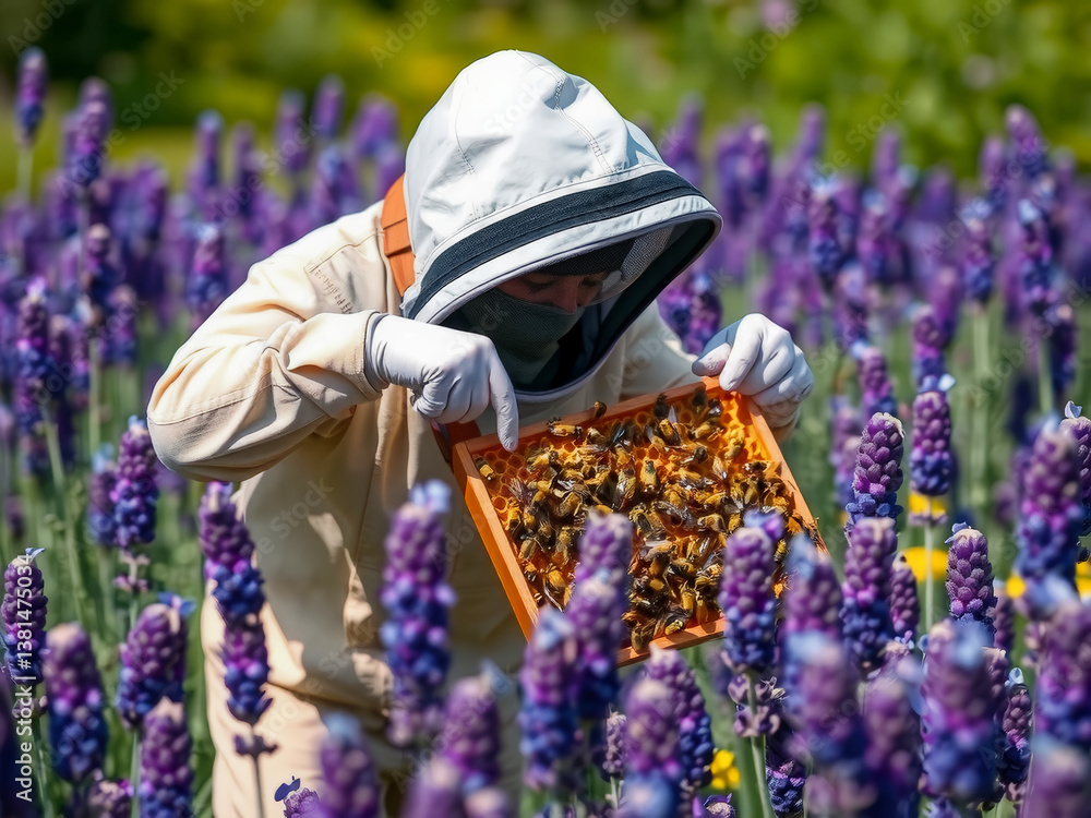A beekeeper is tending to a hive of bees in a field of purple flowers. The scene is peaceful and serene, with the beekeeper focused on his task
