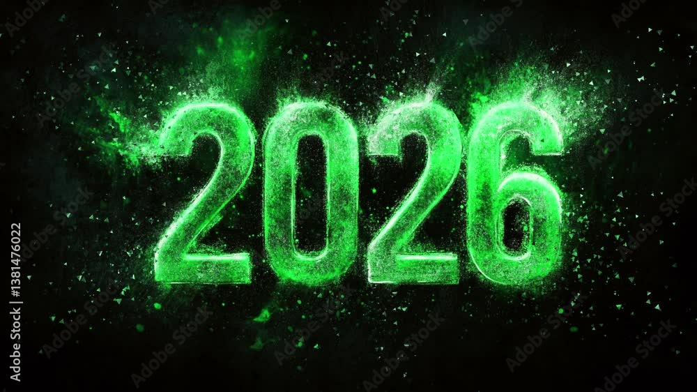 stunning green Color Text 2026, with green powder splash and particle background. 4k video stunning green Color Text 2026, with green powder splash and particle background. 4k video