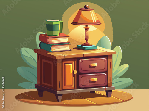 A beautifully illustrated wooden nightstand with a warm-toned lamp and a small book, set against a soft cream background.