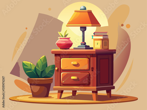 A beautifully illustrated wooden nightstand with a warm-toned lamp and a small book, set against a soft cream background.