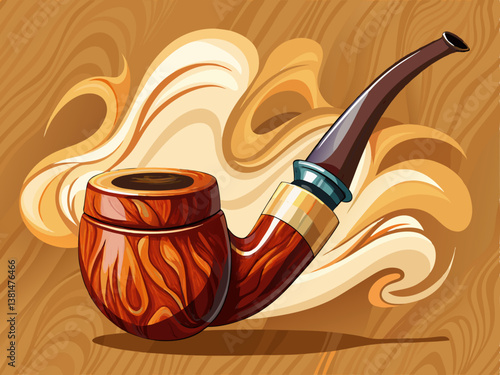 A beautifully crafted smoking pipe in warm wooden textures with soft smoke trails, set against a soft beige background.