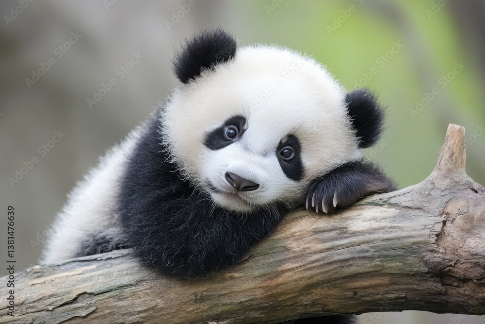 Obraz premium Adorable baby panda relaxing on a tree branch
