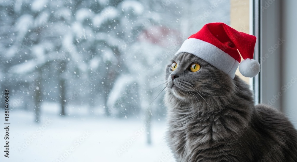 Festive Cat Gazing at Winter Wonderland - A gray cat, wearing a Santa hat, gazes out a window at a snowy winter scene. Symbolizing Christmas spirit, pet companionship, winter holidays Festive Cat Gazing at Winter Wonderland - A gray cat, wearing a Santa hat, gazes out a window at a snowy winter scene. Symbolizing Christmas spirit, pet companionship, winter holidays