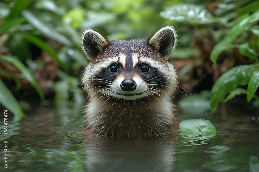 Fototapeta premium Adorable Raccoon in Spring Forest Stream Captured with Generative AI in Stunning Wildlife Detail