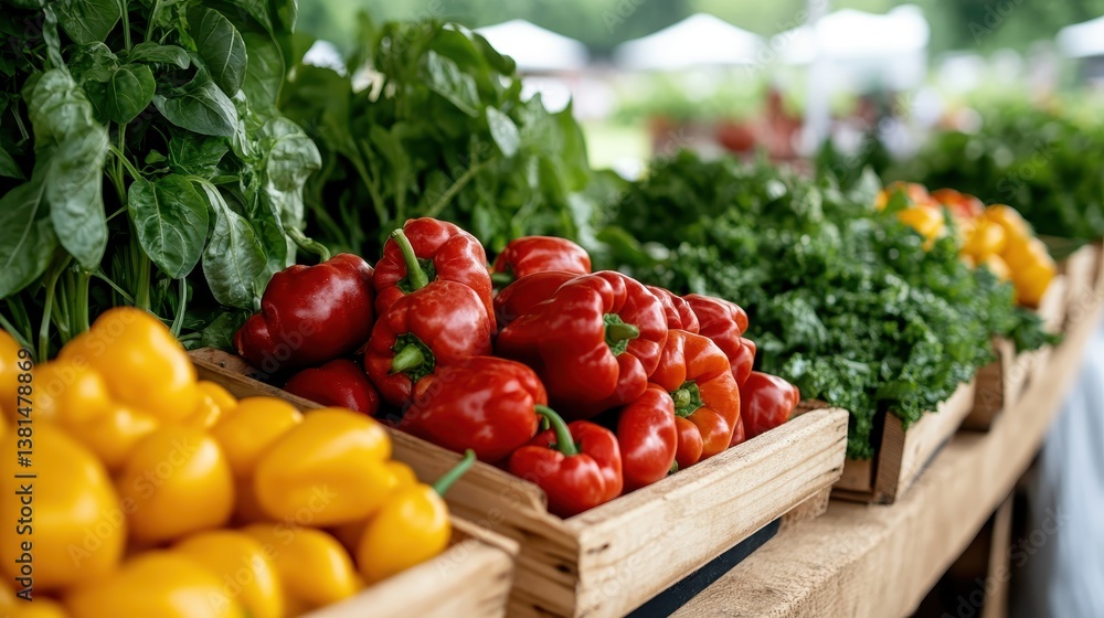 This inviting image displays an array of fresh yellow and red bell peppers arranged with greens in a market stall, symbolizing health and abundance in nature. This inviting image displays an array of fresh yellow and red bell peppers arranged with greens in a market stall, symbolizing health and abundance in nature.