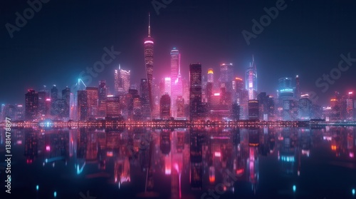 Wallpaper Mural Dreamy futuristic cityscape glowing at night with water reflections Torontodigital.ca