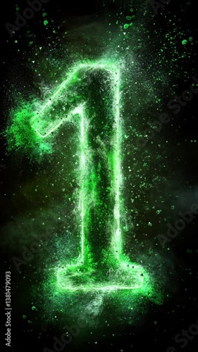 number 1 with green neon art and green powder explosion background