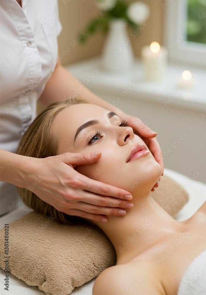 portrait of a beautiful young woman doing facial skin care. The woman's face is massaged with a very relaxed face portrait of a beautiful young woman doing facial skin care. The woman's face is massaged with a very relaxed face