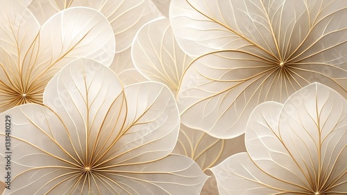 Luxury Beige Floral Background with Soft White Petals and Golden Veins Elegant 3D Decorative Abstract Flower Design