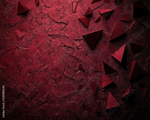 A rich crimson red background with angular geometric shapes like triangles and squares scattered across a textured surface
