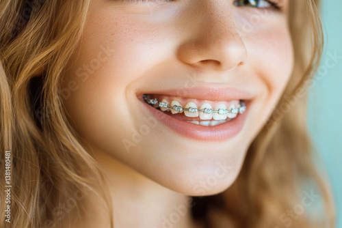 Close-up of smiling girl showing braces on teeth: orthodontic treatment