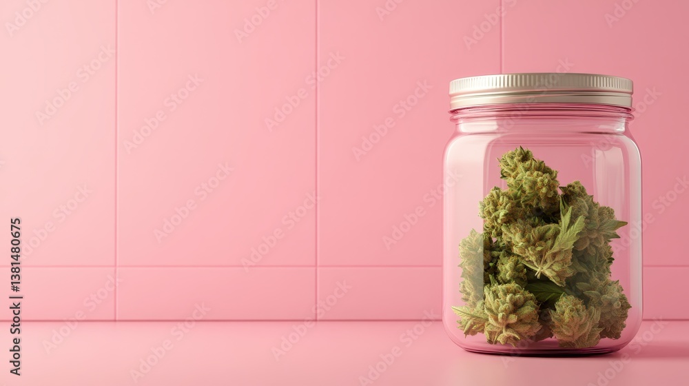 Vibrant display of cannabis buds inside a pink jar set against a matching pink background, emphasizing the beauty and richness of the natural product.