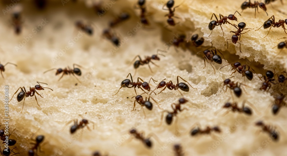 Ants on Bread Crumbs - Close-up shot of numerous ants crawling on a piece of bread. High detail Ants on Bread Crumbs - Close-up shot of numerous ants crawling on a piece of bread. High detail