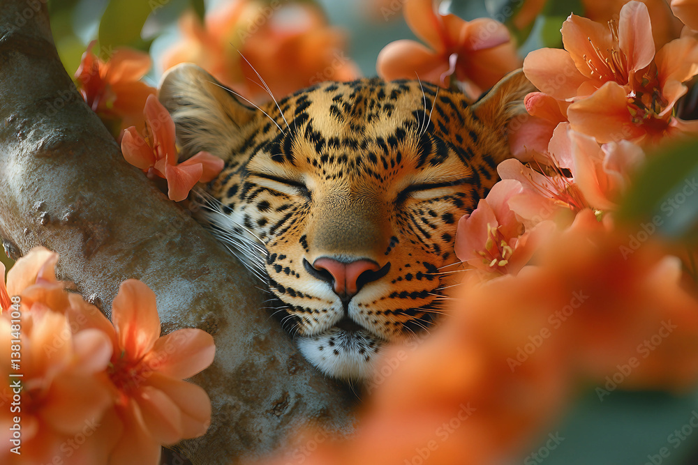 Close-Up of Leopard Hidden in Jungle Foliage with Vibrant Flowers - Generative AI Close-Up of Leopard Hidden in Jungle Foliage with Vibrant Flowers - Generative AI