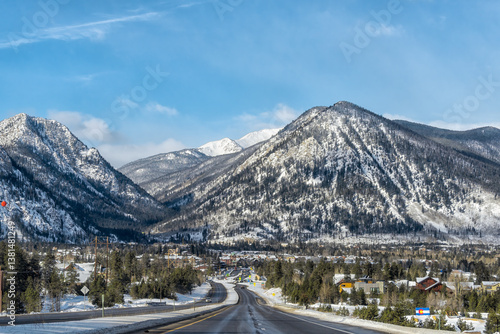 Obraz na plátne Frisco, Colorado snow capped rocky mountains peaks and cityscape in winter weath