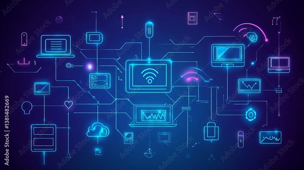 Neon blue network diagram featuring various connected devices and digital representations of data flow Neon blue network diagram featuring various connected devices and digital representations of data flow