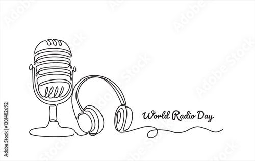 Continuous one single line drawing Retro microphone and headphone speaker device gadget. Continuous line draw design graphic vector illustration.  Editable stroke.