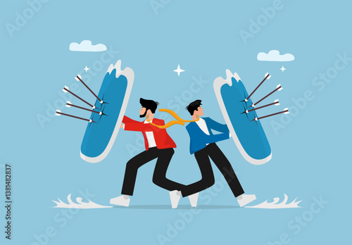 Strong Businessman with Shield Protection. Security Defense, Risk Management, Insurance Safety Guard, Protecting from Threats, Attacks, and Business Risks.