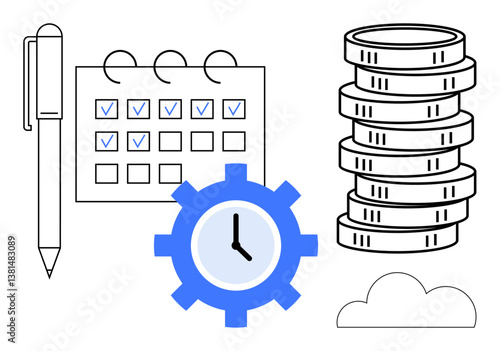 Pen, checklist calendar, clock gear, stacked coins, and cloud symbolize time, productivity, finance, planning and organization. Ideal for business management savings productivity scheduling