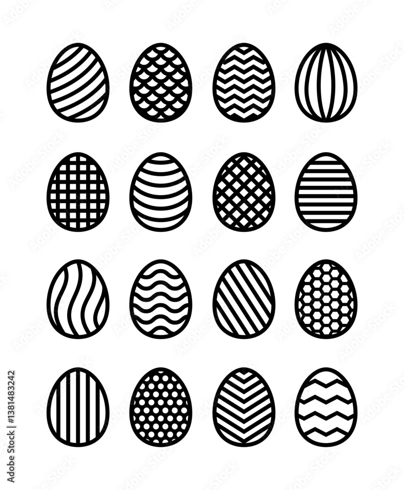 Easter geometric eggs collection. Vector black illustrations. Decorative holiday symbols. Isolated on white background. Carved pattern. For laser, plotter cutting, sublimation.