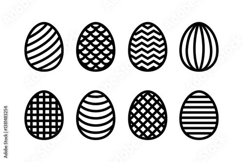 Easter geometric eggs set. Paper or laser cutting templates. Vector black illustrations. Decorative holiday symbols. Isolated on white background. Carved pattern. For laser, plotter cutting, sublimati