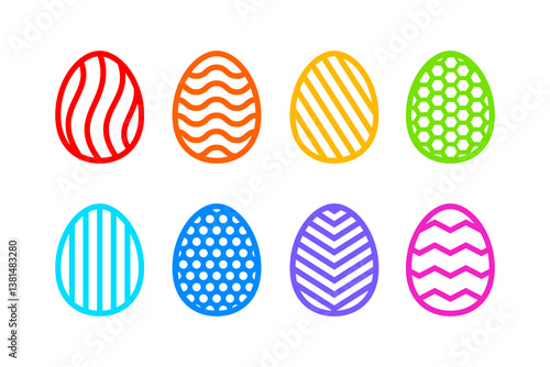 Easter geometric eggs set. Paper or laser cutting templates. Vector color illustrations. Decorative holiday symbols. Isolated on white background. Carved pattern. For laser, plotter cutting, sublimati