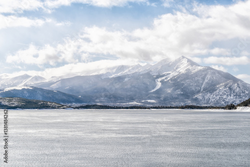 Wallpaper Mural Silverthorne, Colorado Dillon Reservoir lake in snow winter season with blue water surface and peak One mountain with spruce trees forest Torontodigital.ca