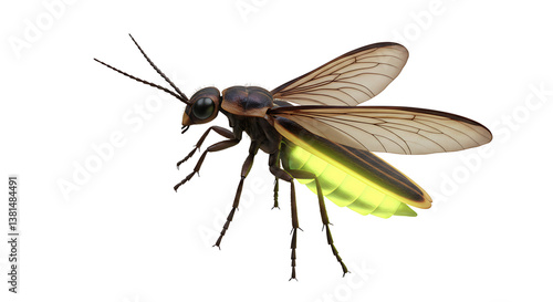 Close-up of a glowing firefly on white background with intricate details