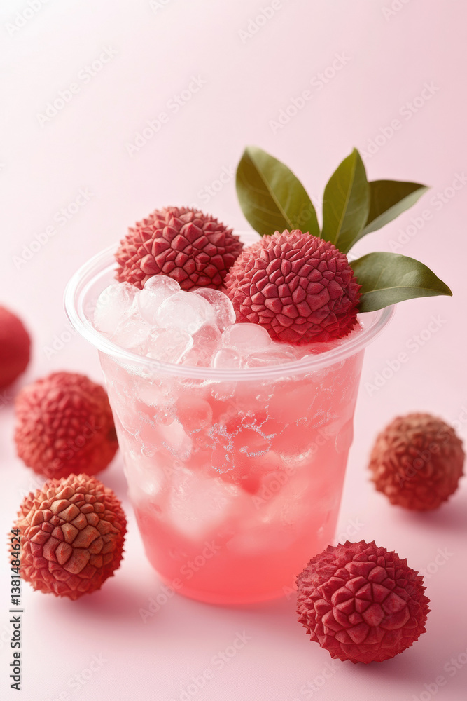 Fresh lychees in a plastic cup, set against a soft pink and white color scheme Fresh lychees in a plastic cup, set against a soft pink and white color scheme