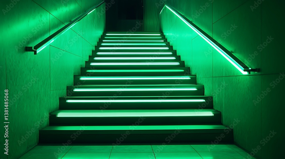 A staircase illuminated with vibrant green LED lights along the steps image A staircase illuminated with vibrant green LED lights along the steps image