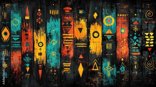 A vibrant tapestry of African patterns, woven with intricate ethnic and tribal motifs, rendered in a rich palette of oranges, reds, yellows, blues, and black, boasting a grunge texture that 