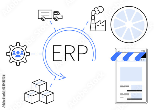 ERP with gear, truck, factory, mobile store interface, product boxes, and reporting chart. Ideal for process management, logistics, manufacturing retail business solutions resource planning flat