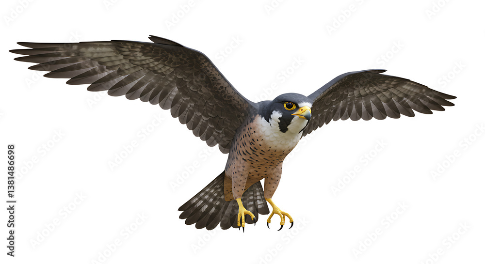 Falcon soaring in flight with wings spread on white background Falcon soaring in flight with wings spread on white background