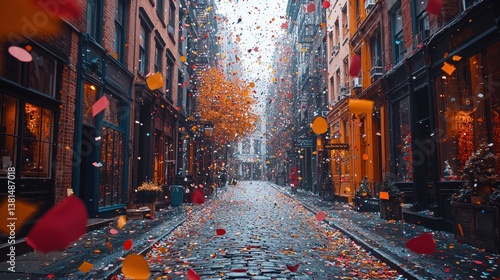 A vibrant urban street, adorned with a cascade of colorful confetti, transforming it into a whimsical wonderland of celebration and joyful chaos. 