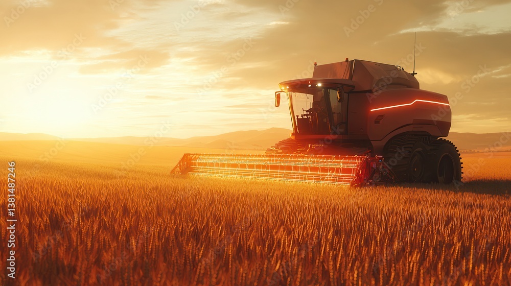 Fototapeta premium A next-gen harvester equipped with precision lasers, slicing and gathering wheat without damaging the soil