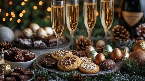 A festive table with Christmas cookies, Easter chocolate eggs, and New Year's champagne glasses.