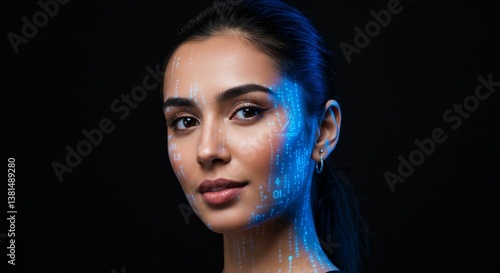Woman: Abstract Blue Data Overlay - A woman's face is partially overlaid with abstract blue data, symbolizing technology, innovation, the future, connection, and identity