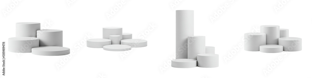 Four sets of white cylinder podiums with varying heights. Four sets of white cylinder podiums with varying heights.