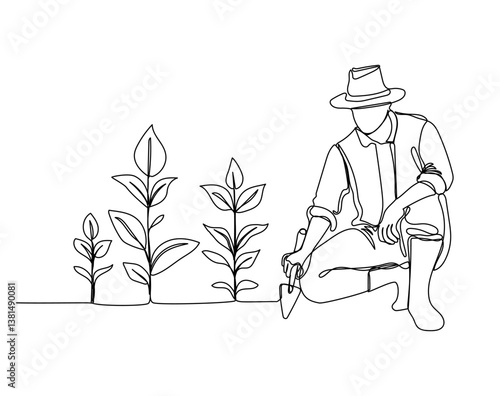Farmer planting crops in continuous one line art style. Simple vector illustration