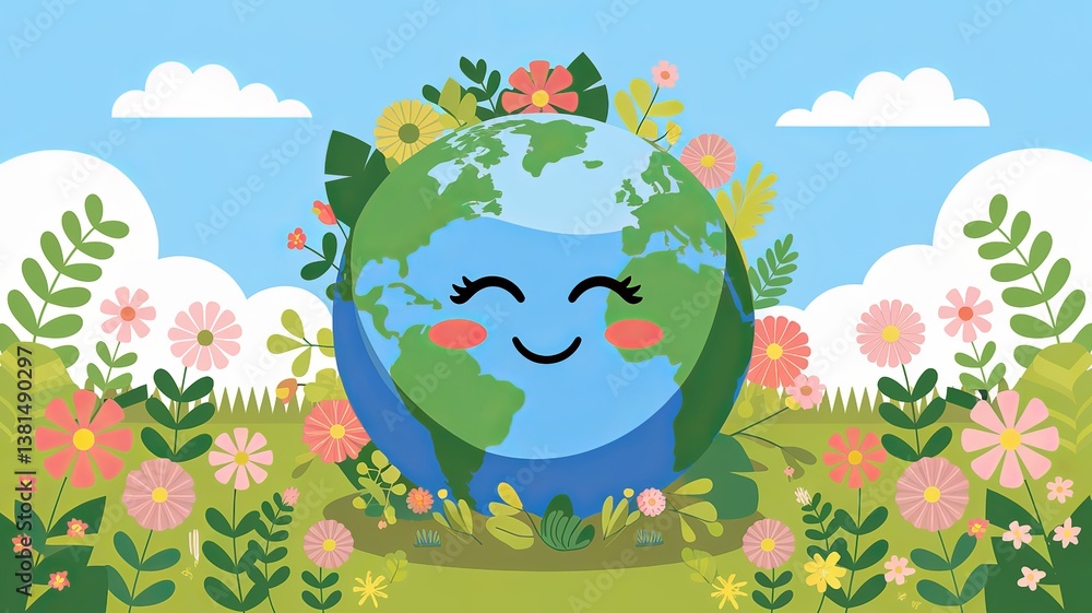 Naklejka premium Happy Earth Surrounded by Flowers, healthy earth, laughing earth, green earth