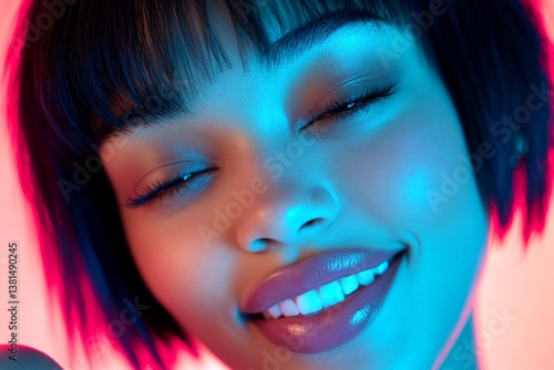 Pretty smiling black girl - for ads, banner and social networks use. Commercial promotion idea. Short haircut - straight hair. African american woman lifestyle art. Modern black girl concept.