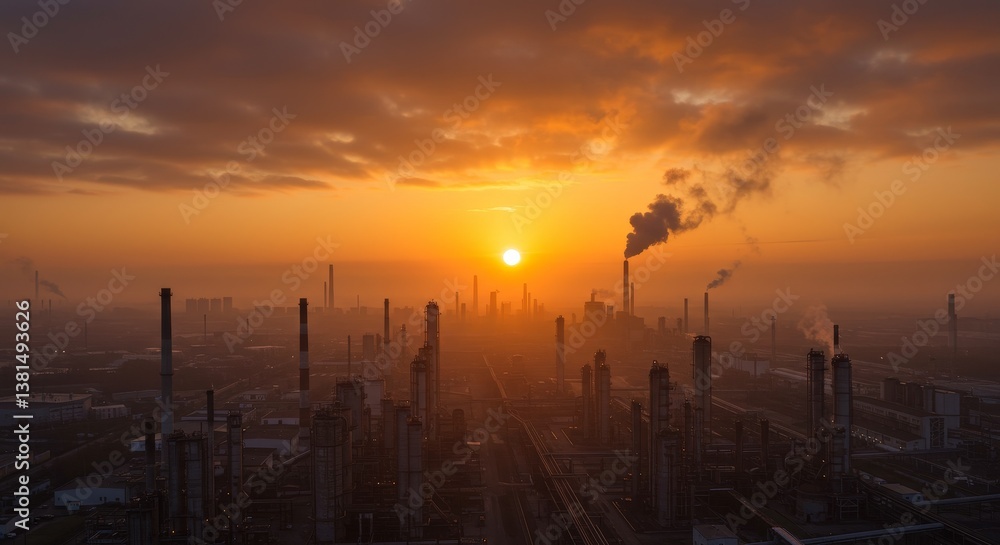 Naklejka premium Sunrise Over Industrial Complex - Aerial view of industrial complex at sunrise, showing numerous smokestacks and pollution