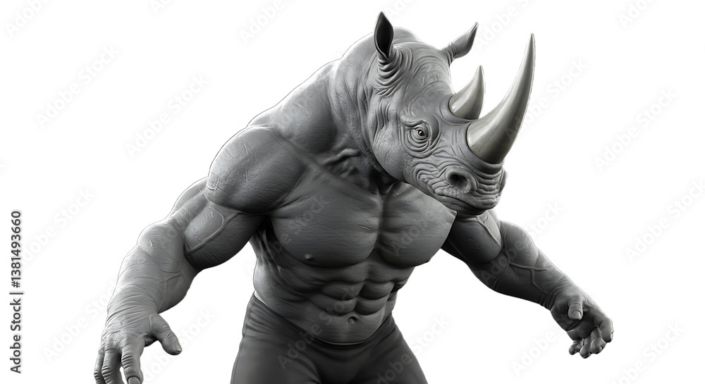 Fototapeta premium Gray Rhino Humanoid Hybrid Character with Strong Muscles and Powerful Physique
