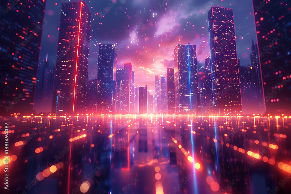 A futuristic cityscape at twilight, glowing with vibrant neon lights and shimmering reflections, creating a magical and dreamy atmosphere. A futuristic cityscape at twilight, glowing with vibrant neon lights and shimmering reflections, creating a magical and dreamy atmosphere.