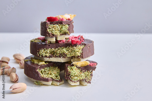 Dubai chocolate. Indulgent layers of chocolate, pistachio, and delicate berries create a sweetly satisfying scene, perfect for confectionary dreams or culinary blogs.