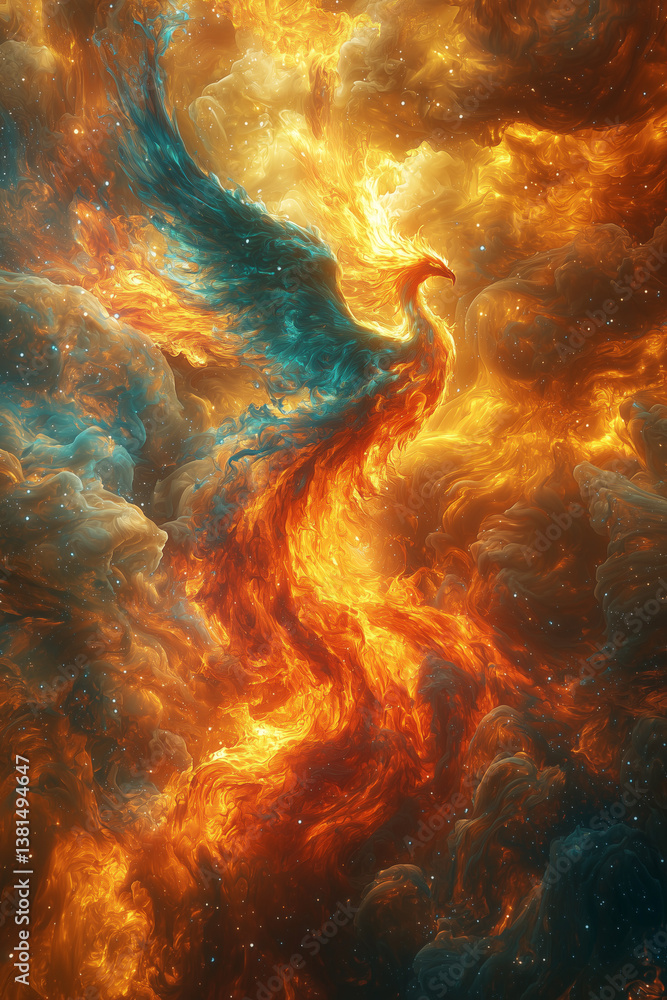 Cosmic phoenix rising in space flames – fantasy bird in nebula firestorm