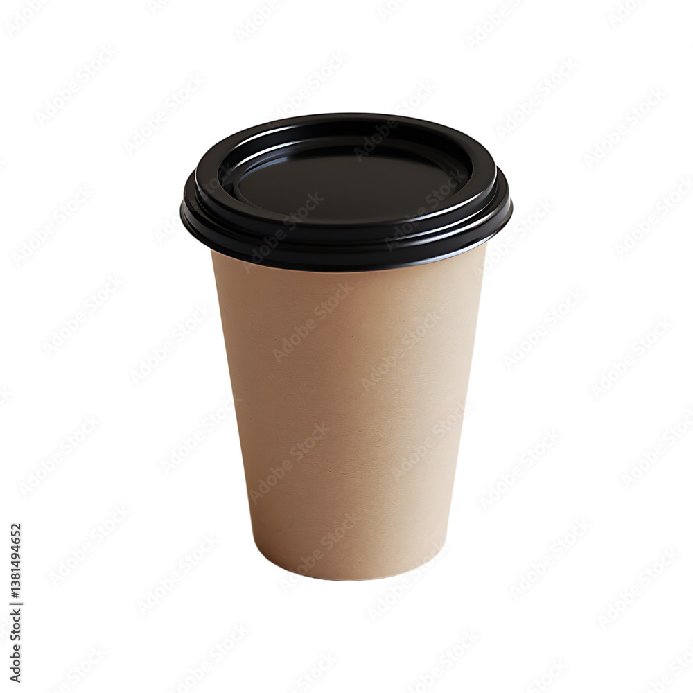A simple kraft paper coffee cup, ready for a warm beverage, sits on a plain white background with a sleek black lid. A simple kraft paper coffee cup, ready for a warm beverage, sits on a plain white background with a sleek black lid.