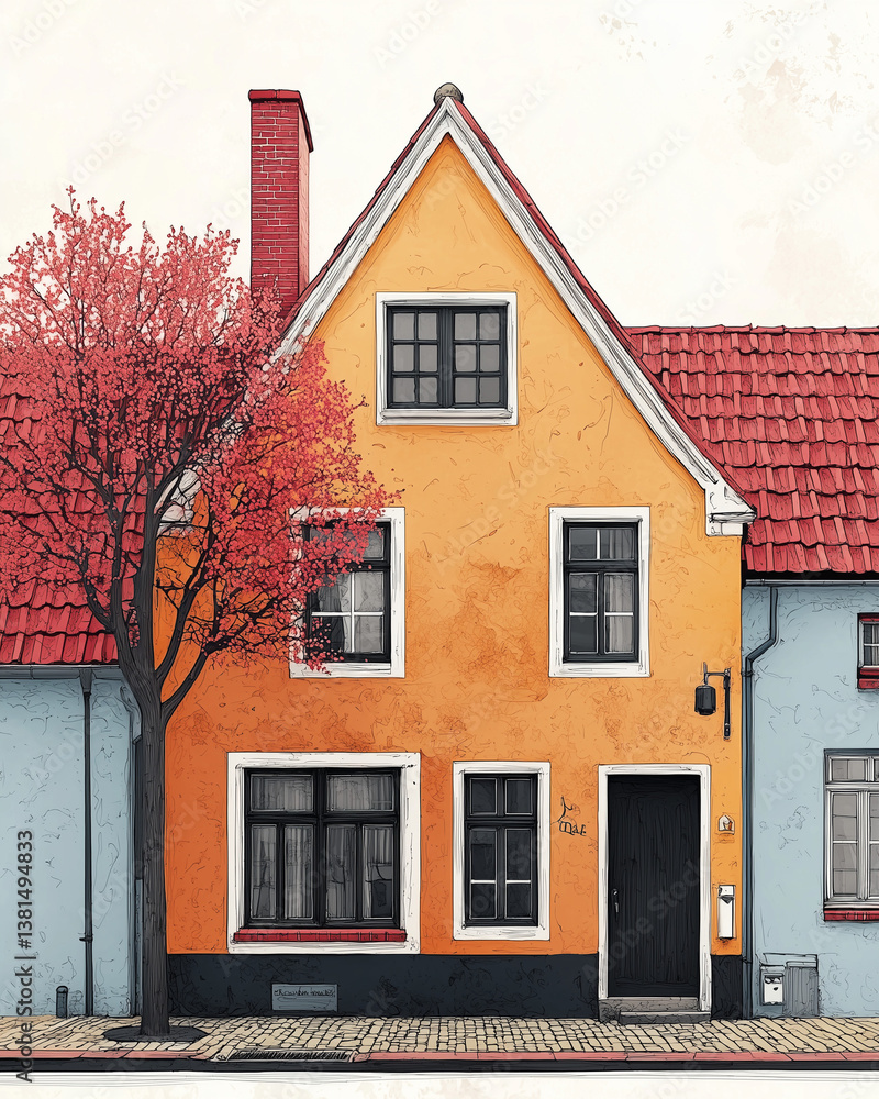 Charming colorful street with pastel houses and shutters – Mediterranean village illustration