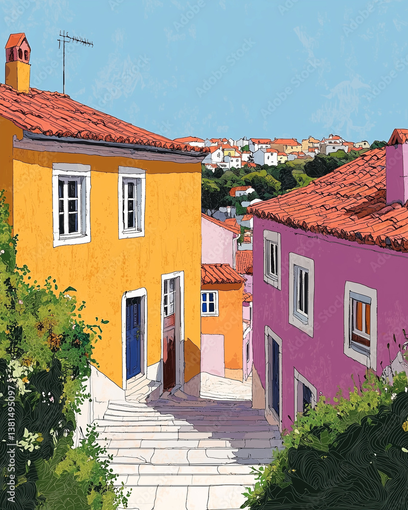 Charming colorful street with pastel houses and shutters – Mediterranean village illustration