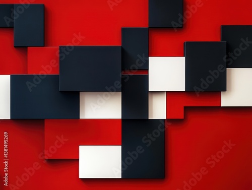 A striking geometric design with alternating black, white, and red squares and rectangles arranged in a bold, grid-like pattern